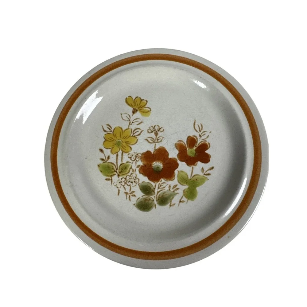 Vintage Floral Stoneware Bread Butter Plates Set 4 Brown Rim‎ 6.5 Inch Japan MCM